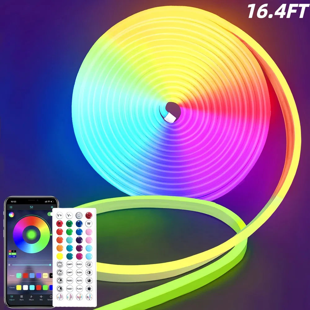 Galaxy Star Lamp RGB neon LED strip lights 16.4ft with app remote, music sync, waterproof, flexible DIY neon rope lights for bedroom or party decor