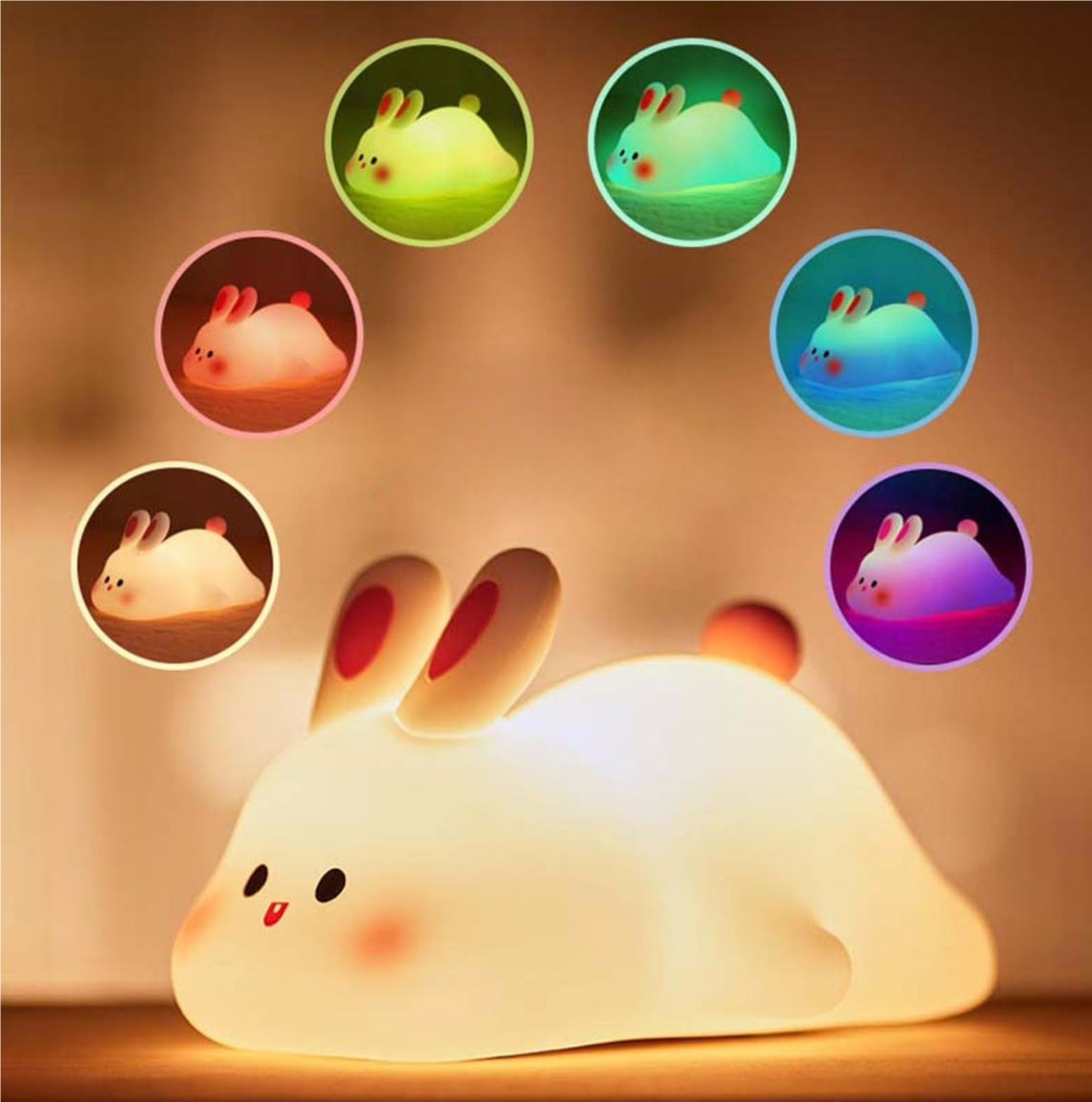 Galaxy Star Lamp LED night light featuring a cute cartoon rabbit face, touch sensor, silicone material, ideal for bedside decor.