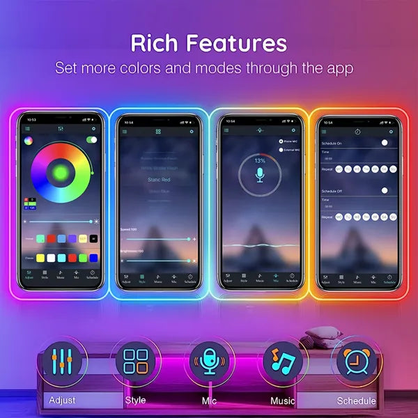 Galaxy Star Lamp RGB neon LED strip lights, 16.4Ft waterproof rope lights with app control, music sync, flexible DIY design.