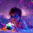 Child wearing goggles holding a colorful light toy in a room with a starry projection.