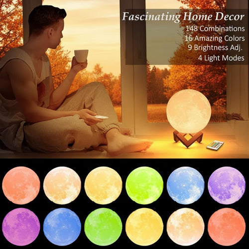 Galaxy Star Lamp 16-color moon galaxy lamp with stand and remote control, illuminated moon design in soft pastel colors.
