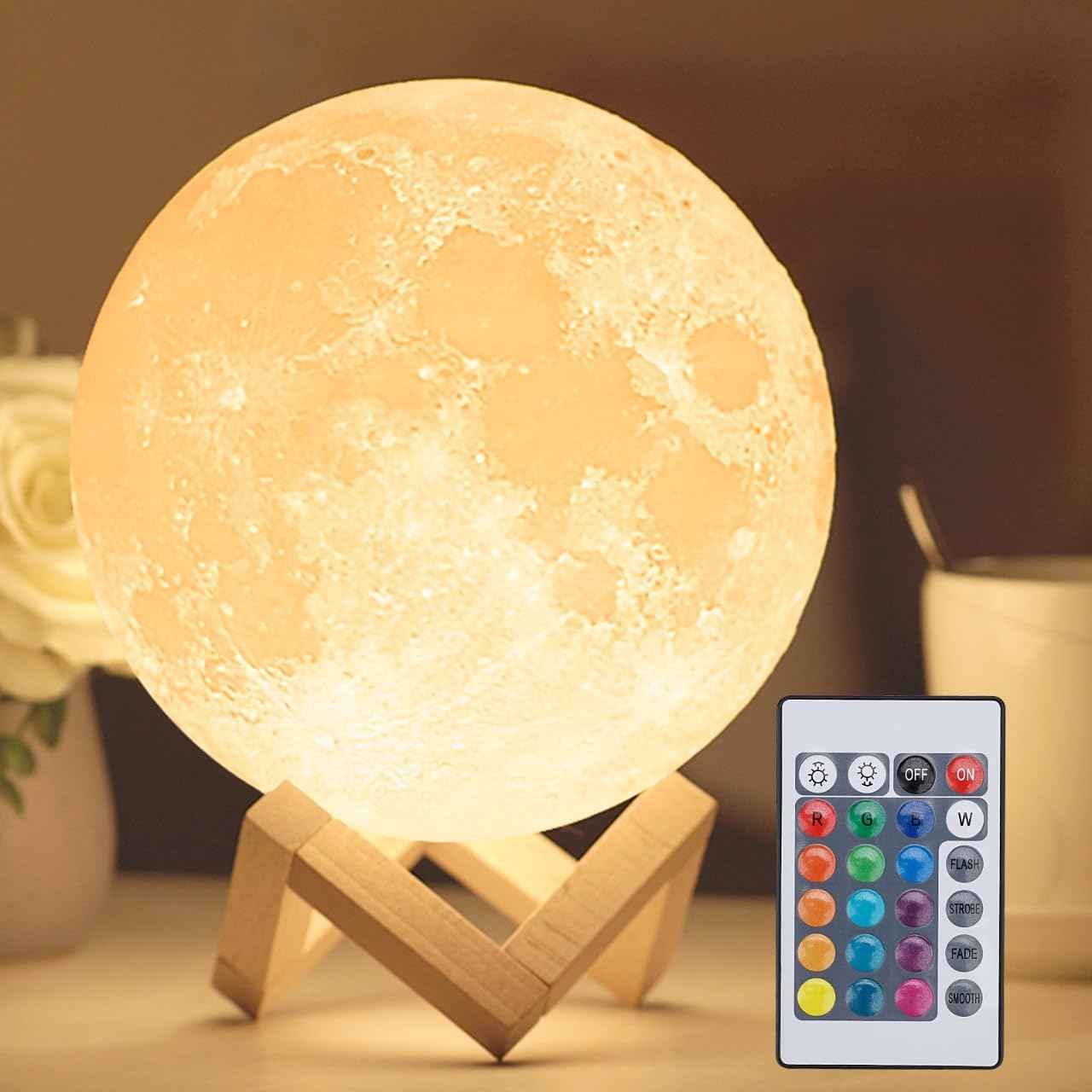 Galaxy Star Lamp 16-color moon galaxy lamp with stand and remote control, showcasing a luminous moon design on a sleek stand.
