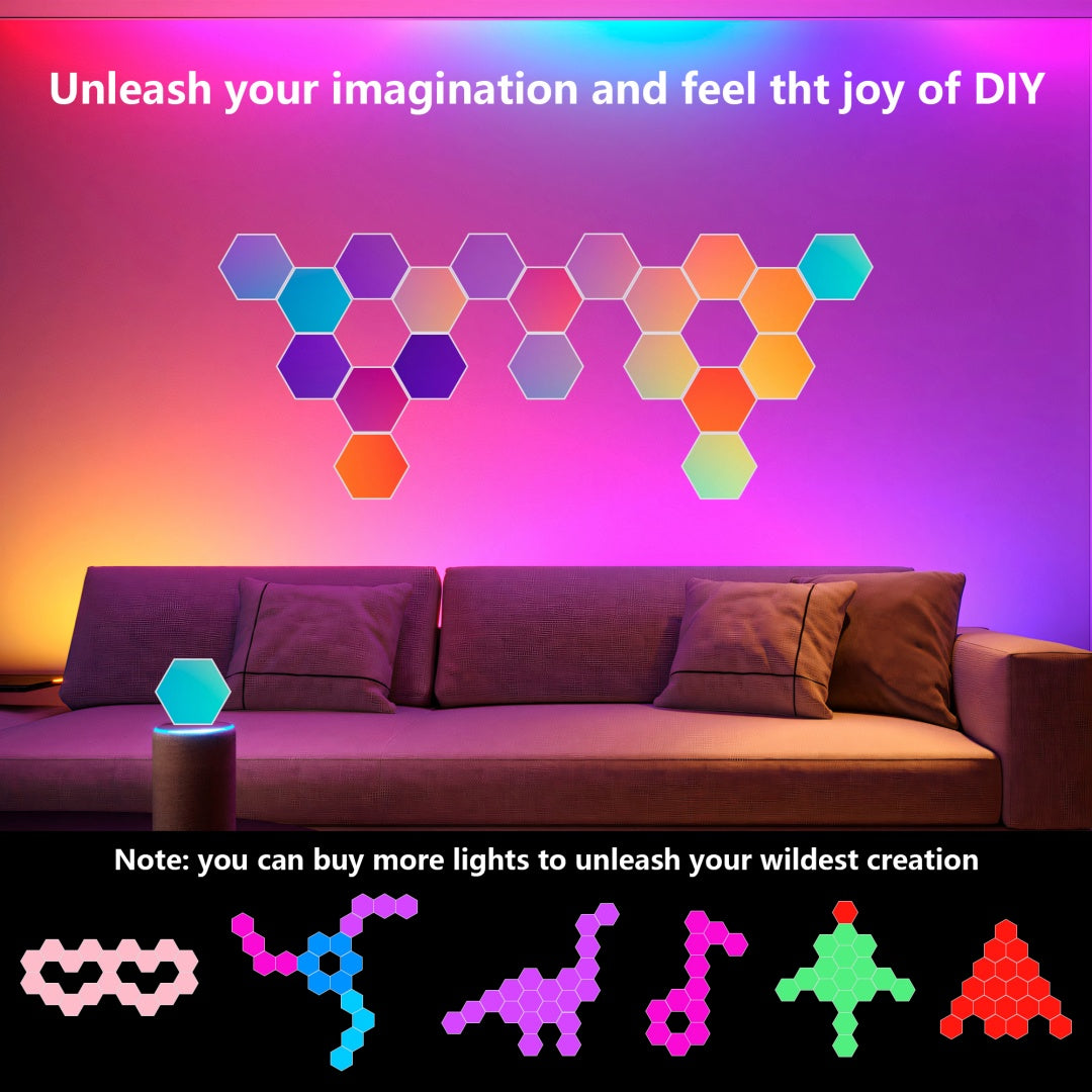 Hexagonal LED Lights-20 Sets Of Intelligent APP RGB Game Lights, With Remote Control And Music Synchronization. Honeycomb Shaped Hexagonal Lights, Suitable For Bedroom, Living Room Walls